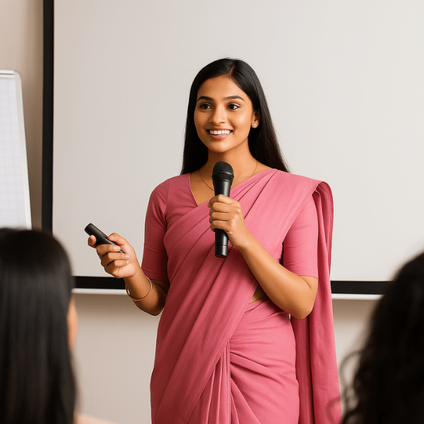Woman confidently presenting during an empowerment and entrepreneurship training session at Iyali in Chennai.