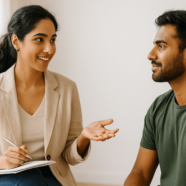 Coach guiding a client through a personal growth and empowerment session in a calm, supportive setting.