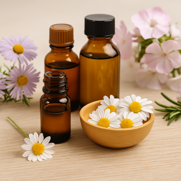 Flower medicine bottles with fresh daisies and natural floral essences used for emotional healing at Iyali Chennai.