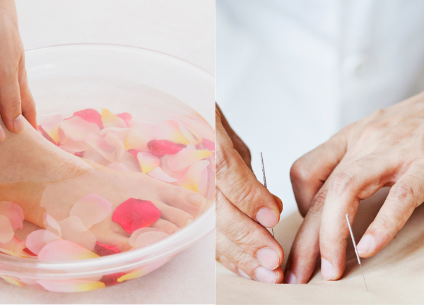 Foot soaking in warm rose petals and acupuncture therapy representing Iyali’s physical well-being treatments in Chennai.