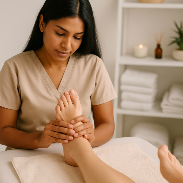 Therapist performing a foot reflexology session at Iyali Chennai for relaxation and energy balance.