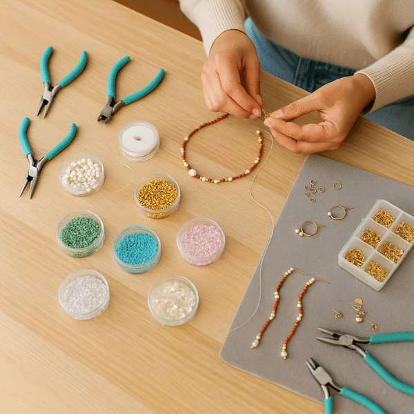 Hands crafting beaded jewellery using tools, wires, and colorful beads during a jewellery making workshop at Iyali