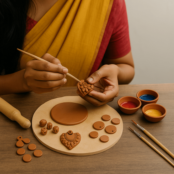 Woman crafting handmade terracotta jewellery using clay tools and natural paints during an Iyali workshop