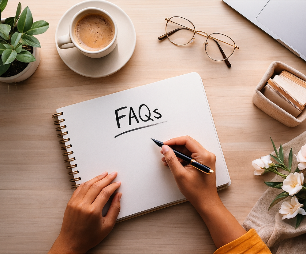 “Self-development FAQs notebook with a hand writing the word FAQs beside coffee, flowers, and workspace items — Iyali Chennai personal growth program.”