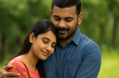 Loving couple embracing gently, representing Iyali’s Harmony & Relationship Flower Medicine for emotional bonding and communication.