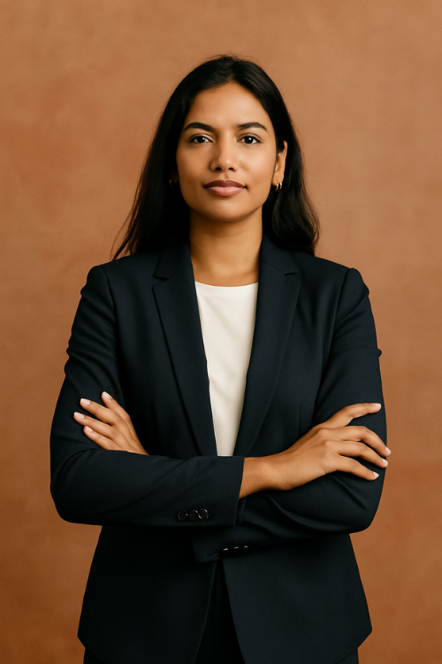 Confident Indian woman in a business suit standing with folded arms, representing Iyali’s Women Empowerment Program in Chennai.