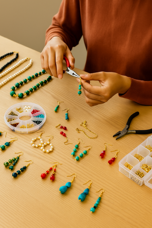 Hands creating handmade beaded earrings during Iyali’s Jewellery Making Workshop in Chennai, with silk thread jewellery, beads, findings, and tools laid out on the table.