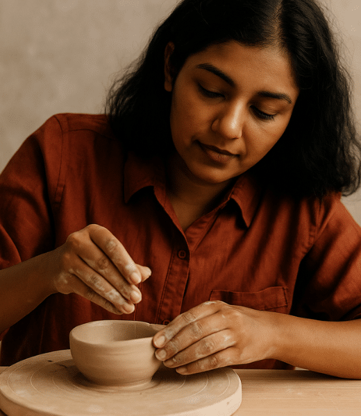 Woman shaping a clay bowl on a pottery wheel during a mindful clay art session at Iyali Chennai