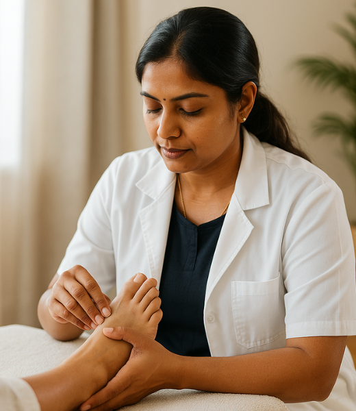 Certified foot reflexology therapist at Iyali Chennai providing natural healing through gentle pressure techniques.