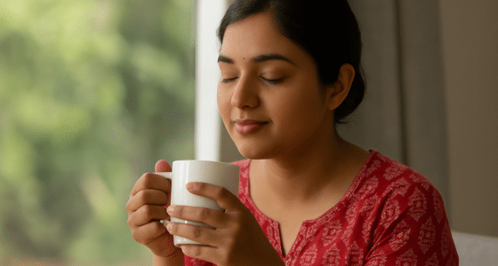 Indian woman enjoying a peaceful moment with a warm drink for relaxation and emotional well-being
