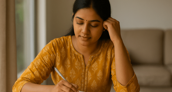 Indian woman journaling as part of self-reflection and emotional healing at Iyali