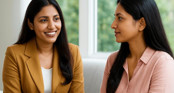 Two women having a positive and supportive counselling conversation at Iyali Chennai