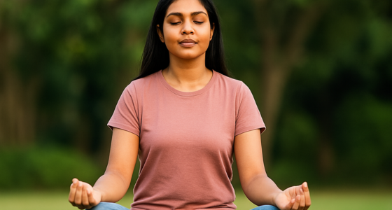 Indian woman practicing mindfulness meditation outdoors to improve calmness and present-moment awareness