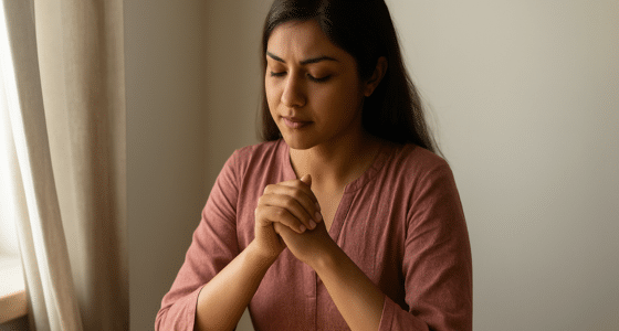 Woman sitting quietly with folded hands, reflecting emotional distress and trauma healing supported at Iyali Counselling