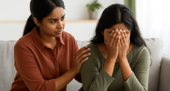 Woman comforting another woman in emotional distress, symbolizing crisis support and compassionate intervention at Iyali Counselling