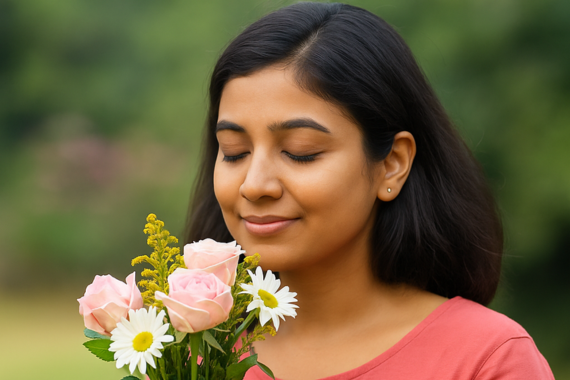 Woman enjoying a bouquet of healing flowers during Iyali’s Flower Medicine emotional balance consultation in Chennai.
