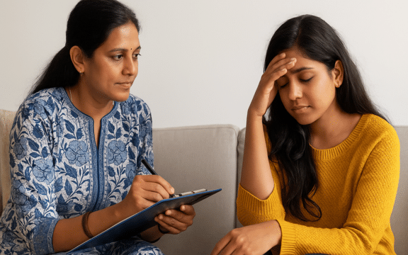 Practitioner guiding a woman through mind–body counselling to release emotional stress and restore clarity