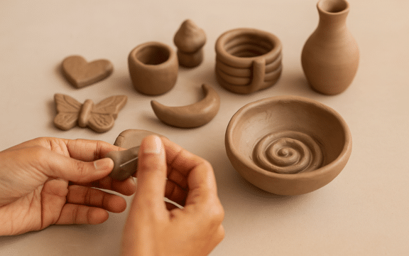 Hands shaping small clay sculptures and pottery pieces during a clay art session at Iyali Chennai