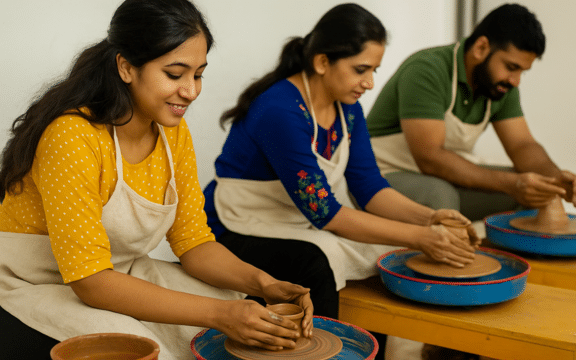 Group pottery class at Iyali Chennai with participants learning wheel pottery under expert guidance