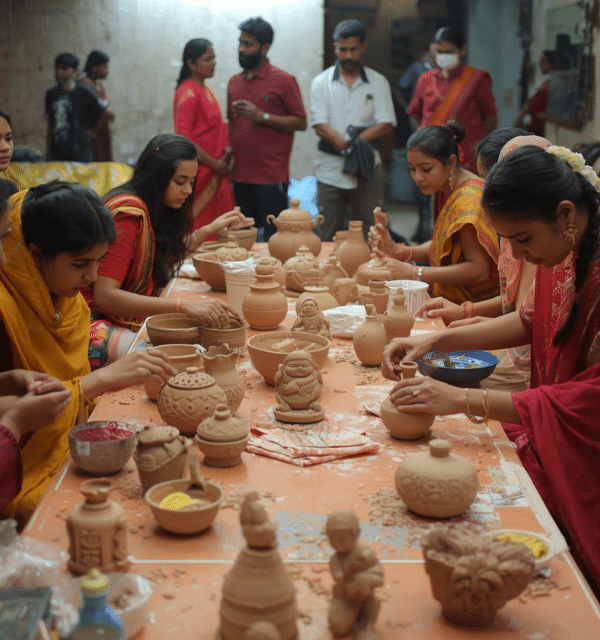 Women participating in a clay art and pottery workshop at Iyali Chennai, creating handcrafted clay pieces in a calm and creative environment