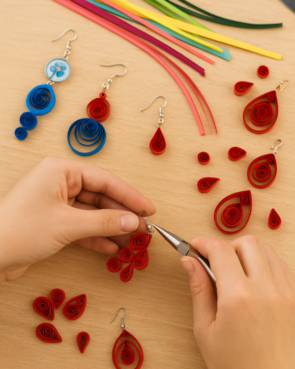Hands creating paper quilling earrings using coloured paper strips during Iyali’s Paper & Quilling Jewellery Workshop in Chennai.