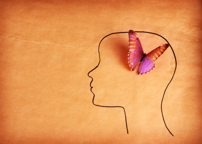 Illustration of a human head outline with a butterfly symbolizing creativity, transformation, and personal growth.