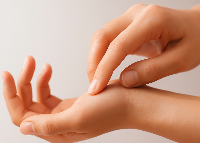 Hand applying gentle finger pressure on an acupuncture point during one-touch acupuncture therapy.