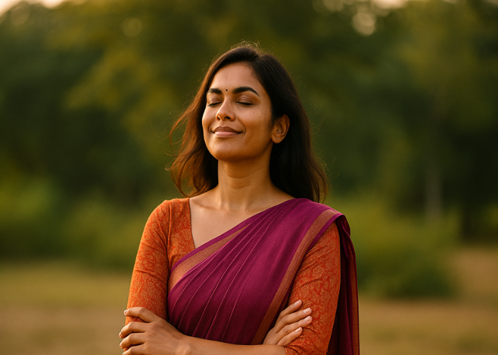 Calm Indian woman standing outdoors with eyes closed, symbolizing emotional balance and inner peace in Iyali’s Women Empowerment Program.