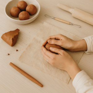 Hands kneading terracotta clay with basic tools during the clay preparation and moulding session at Iyali Terracotta Jewellery Making Workshop in Chennai.