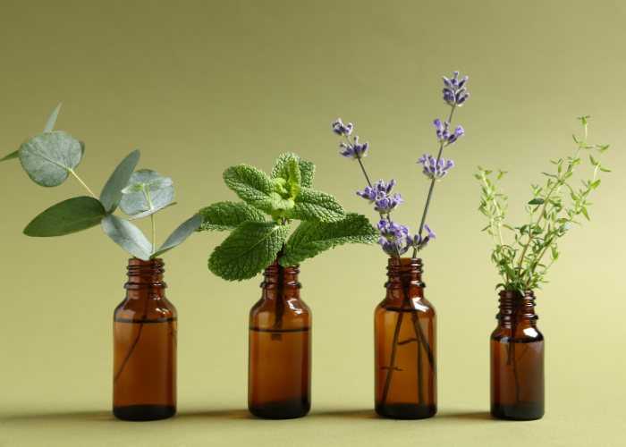 Four small amber glass bottles with fresh healing herbs used in flower medicine therapy at Iyali Chennai.
