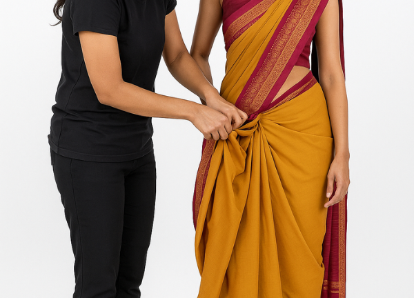 Trainer assisting a woman in neatly draping a mustard saree during Iyali’s Saree Draping Workshop in Chennai.