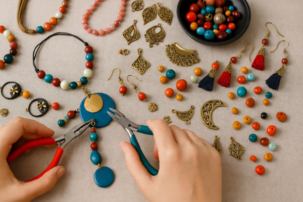 Hands crafting handmade jewellery with pliers and colourful beads during Iyali’s Jewellery Making Classes in Chennai.