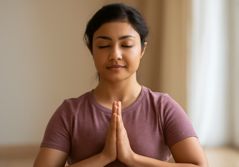 Woman practicing mindfulness and self-love — Iyali Chennai emotional wellness and grounding program.