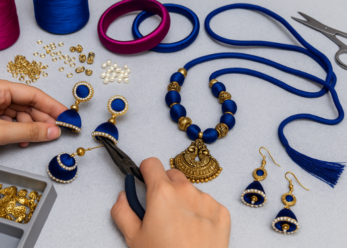Hands crafting silk thread earrings with blue and gold beads during Iyali’s Silk Thread Jewellery Workshop in Chennai.