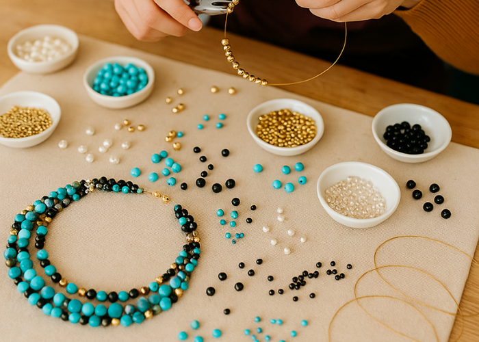 Hands crafting beaded jewellery at Iyali Chennai, with turquoise beads, golden accents, and handcrafted necklaces laid out on the table.
