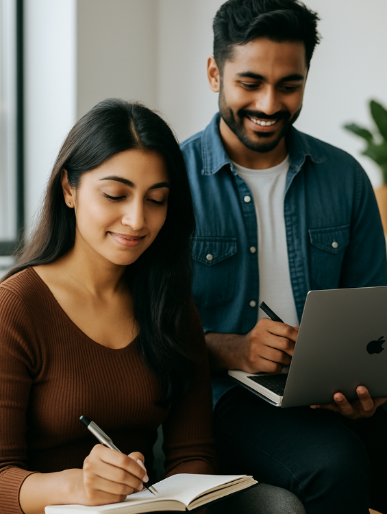 Young woman writing in a journal while a coach guides her with a laptop during a self-development coaching session.