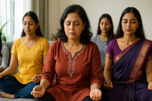 Women practicing guided meditation and emotional wellness exercises during Iyali’s empowerment program in Chennai.
