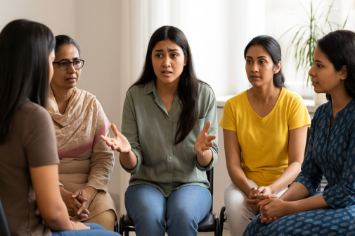 Women sharing experiences in a self-awareness and confidence-building circle at Iyali Chennai.