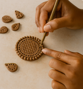 Hands adding detailed textures to terracotta jewellery pieces using carving tools during Iyali’s terracotta design workshop in Chennai.