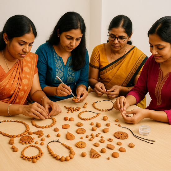 Women learning terracotta jewellery making together at Iyali’s workshop in Chennai, shaping beads and designing handcrafted ornaments.