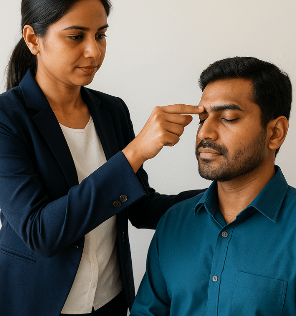 Practitioner performing a gentle forehead pressure technique on a man during a one-touch healing session at Iyali