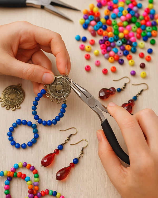 Hands crafting fashion jewellery at Iyali’s Jewellery Workshop in Chennai, using pliers, colourful beads, pendants, and handmade earrings.