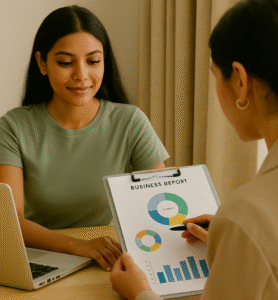 Instructor explaining pricing strategies and business planning for terracotta jewellery making to a student at Iyali Chennai.
