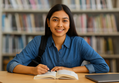 College student studying in the library — Iyali Chennai Self-Development Program for young adults.