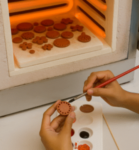 Hands painting and finishing baked terracotta jewellery pieces after removing them from the kiln at Iyali Terracotta Jewellery Workshop in Chennai.