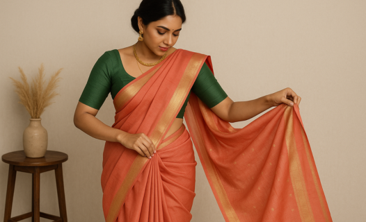 Woman draping a traditional saree during Iyali’s Saree Draping Masterclass in Chennai.