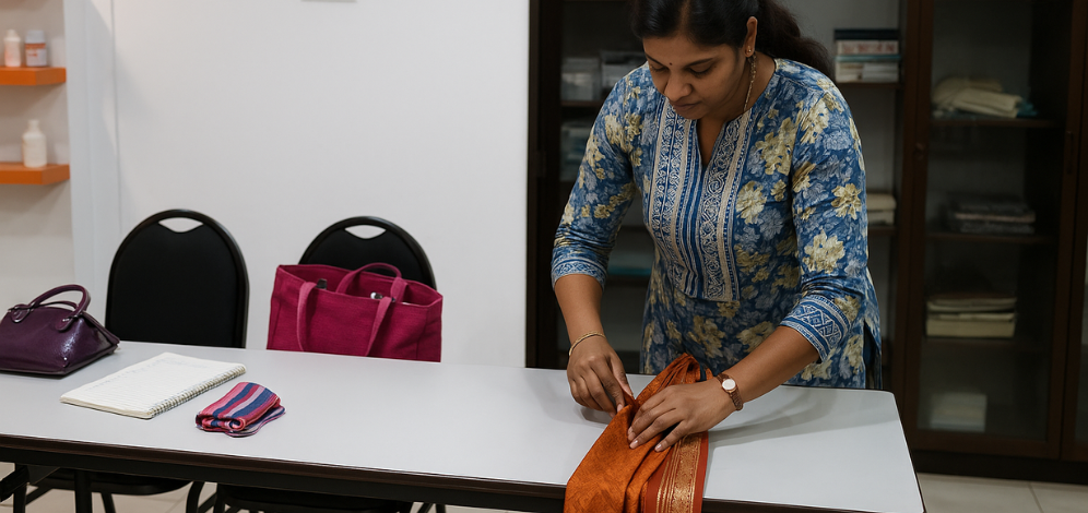Woman learning saree draping techniques during Iyali’s professional saree draping training session in Chennai.