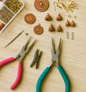 Jewellery-making tools, pliers, beads, terracotta components, and findings arranged for assembly during Iyali’s terracotta jewellery class in Chennai.