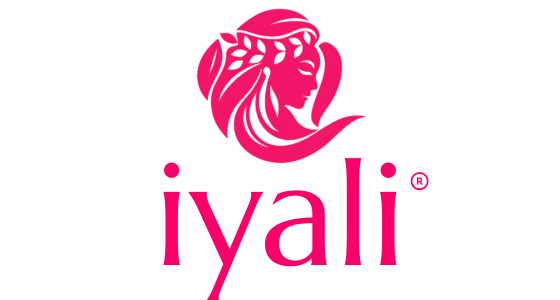 Iyali Academy of Life Skills & Wellness logo in pink featuring a woman’s profile with laurel leaves.