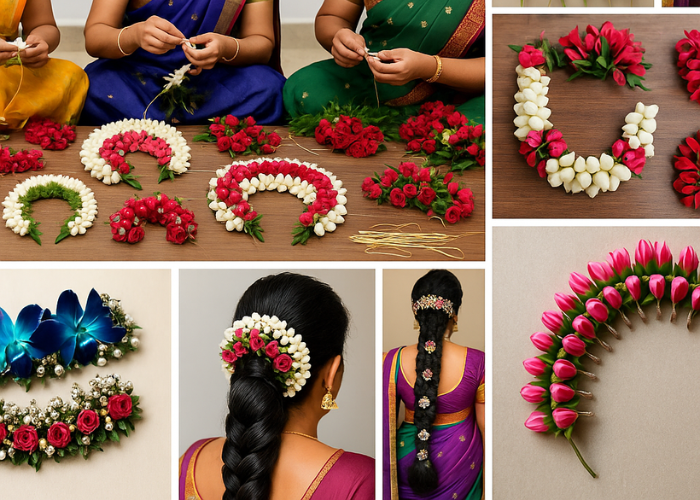 Flower Veni Making Classes in Chennai with Iyali — students crafting jasmine and rose venis with step-by-step training.